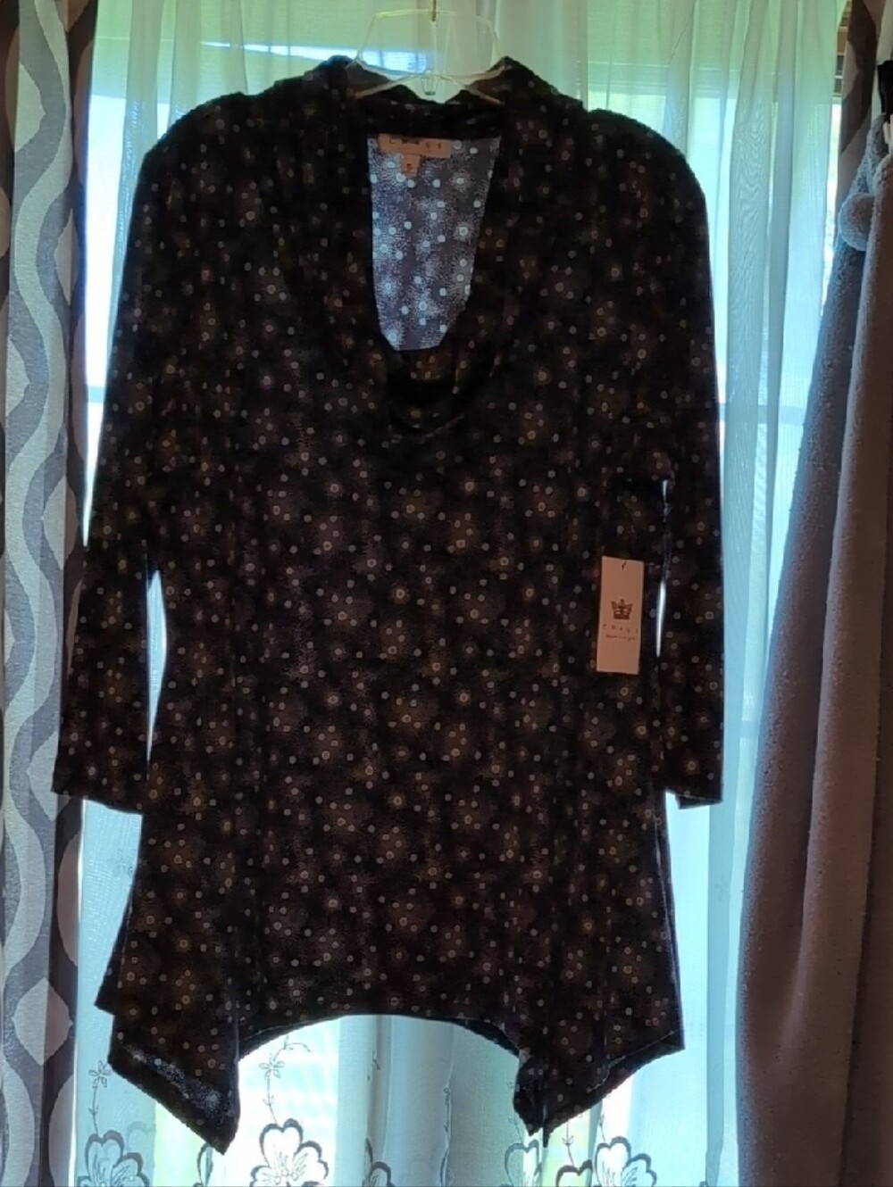 Chaus XL Evening Navy Cowl Neck Tunic with Subtle Blue Accents/ Vintage Garden